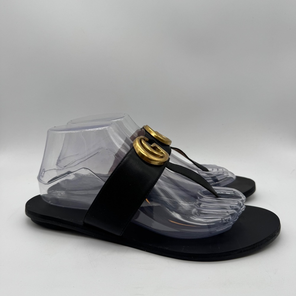 Gucci Marmont Double G Black Leather Thong Sandals Gold Hardware EU 40 Womens